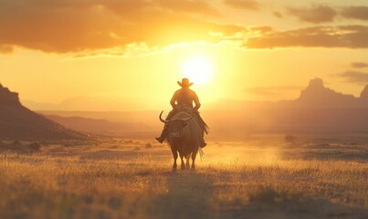 Cowboy rides a bull at sunset.