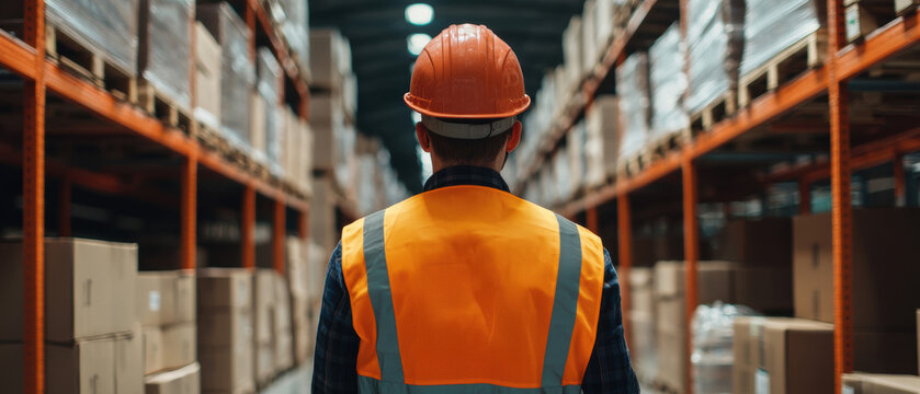 A warehouse worker in an orange safety vest and helmet surveys the organized shelves filled with boxes, emphasizing workplace safety and logistics.