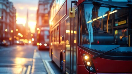 Obraz premium Red Double Decker Bus in City at Sunset with Blurred Background