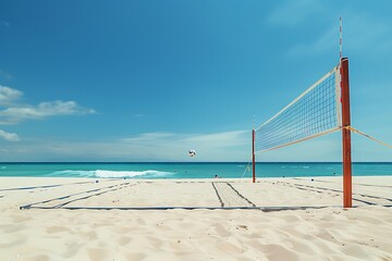 A vibrant beach volleyball court set up on pristine sand with a bright blue sky and gentle ocean waves in the background capturing the essence of seaside recreation