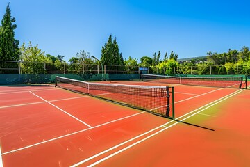 A vibrant tennis court with a well-maintained net and bright lines set against a backdrop of green trees and a clear blue sky