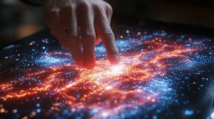 Hand Interacting with Glowing Red and Blue Particles on Digital Interface
