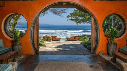 Fototapeta premium Ocean View Through Round Doorway in Tropical Home Interior