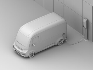 Clay rendering of Electric Delivery Van charging in charging station beside the buidling. Isometric view. 3D rendering image.