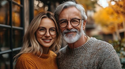 Fototapeta premium A cheerful couple enjoys a warm autumn day, smiling together in a cozy outdoor setting with vibrant fall foliage