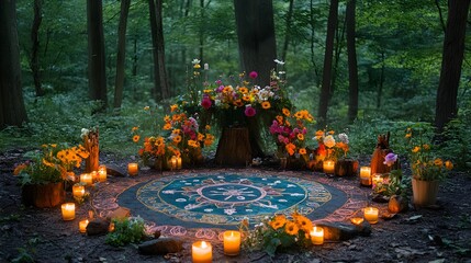 A healing ceremony altar in a circle, with colorful flowers, softly glowing candles, and spiritual symbols painted on the ground, surrounded by a serene forest backdrop