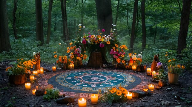 A healing ceremony altar in a circle, with colorful flowers, softly glowing candles, and spiritual symbols painted on the ground, surrounded by a serene forest backdrop