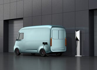 Rear view of metallic green Electric Delivery Van charging in charging station beside the buidling . Generic design. 3D rendering image.
