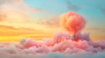 A dreamy sunset a tower emerges from colorful clouds in a serene sky filled with pastel hues and soft light