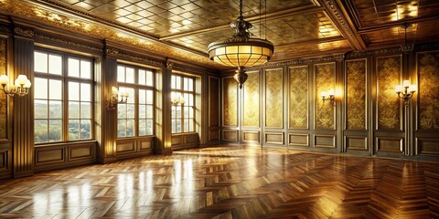 Gilded interior with ornate wood paneling, a grand chandelier, and expansive windows overlooking a scenic vista.