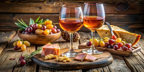 A Rustic Still Life of Two Glasses of Wine, Grapes, and Cheese on a Wooden Table