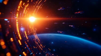 Fototapeta premium A high-tech circular space station, spaceships docked at several points, surrounded by a blue planet with rings, and a distant star shining brightly in the cosmos