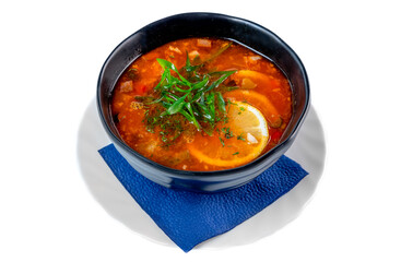 Russian soup Solyanka on white background