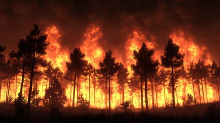 Fiery Forest Fire Nighttime Burning Trees Nature Disaster
