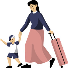 Vector Illustration of Mother and Son Carrying Luggage