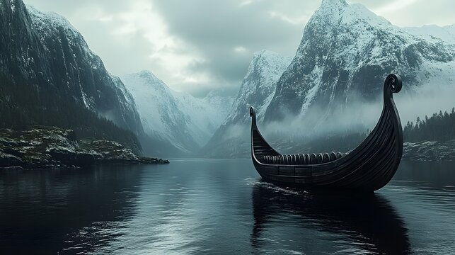 A highly detailed circular Viking longship, its shields aligned in symmetrical perfection, drifting peacefully in a fjord surrounded by snow-capped mountains and dark waters