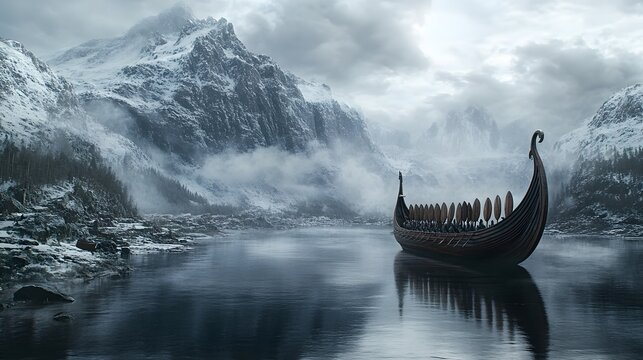 A highly detailed circular Viking longship, its shields aligned in symmetrical perfection, drifting peacefully in a fjord surrounded by snow-capped mountains and dark waters