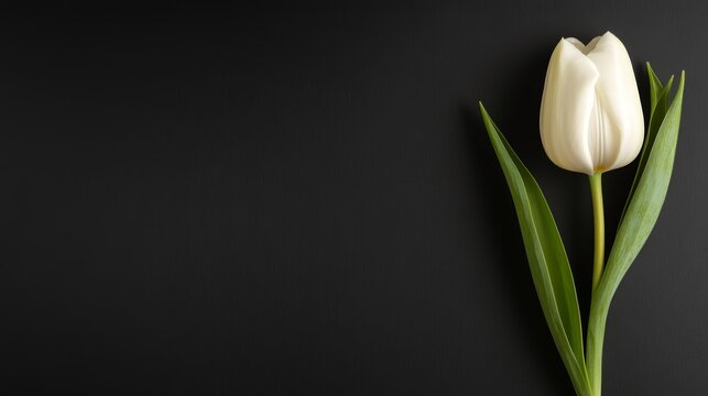 A delicate white tulip lies elegantly on a dark textured background, highlighting its simple beauty and grace.