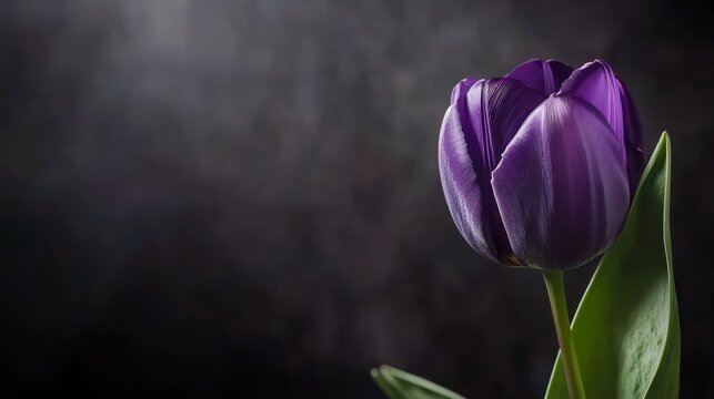 A close-up of a vibrant purple tulip with water droplets, set against a soft, moody background.
