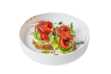 toasts with smoked salmon,crean cheese and vegetables on a white plate close up