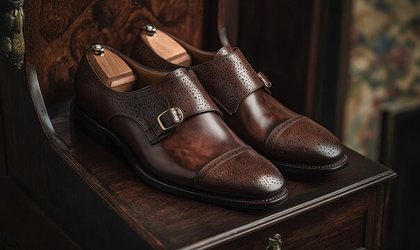 Brown leather shoes on wooden surface.