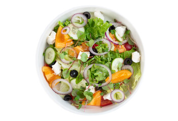 Greek salad salad with onion, pepper, cucumber and olives