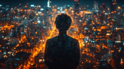 Silhouette of a Person Against a Cityscape with Digital Overlay