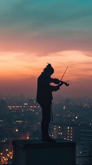 Fototapeta premium Musician playing violin at the rooftop architecture cityscape building.