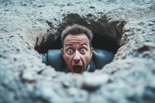 Failure or mistake causing catastrophe despair, problem or risk from crisis or recession, danger or business accident, trouble, loss or pitfall concept, terrified businessman fall down into the, Gener