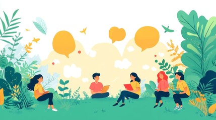 Happy Friends Talking and Relaxing in Nature   Summer Illustration