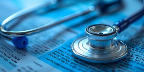Stethoscope and Medical Equipment on a Minimal Background with DNA, Virus, and Cell Imagery Representing Healthcare and Pharmaceutical Research.