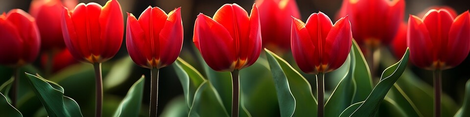 Naklejka premium Close-up of vibrant red tulips against fresh green leaves.