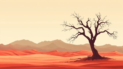 Lone Tree in Desert Landscape with Mountains   Minimalist Nature Illustration