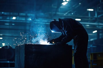 Welder using a blowtorch on a metal structure with glowing sparks