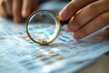 Trend analysis, marketing and sales information, analyze or predict trend line or profit, business forecast report concept, businessman analyst analyze trend graph and chart with magnifying, Generativ