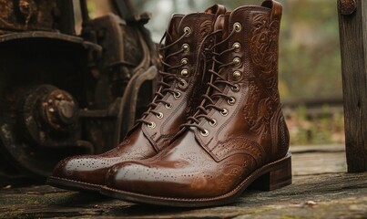 Brown leather boots on wooden surface.