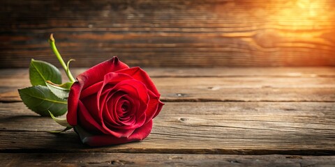 A single scarlet rose rests upon a weathered wooden surface, its velvety petals catching the warm glow of the setting sun.