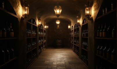 Fototapeta premium Wine cellar with rows of bottles and lanterns.