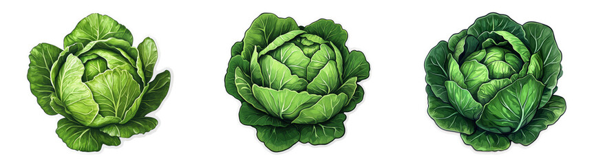 Obraz premium Cartoon Green Cabbage Heads in Flat Design Isolated on Transparent PNG Ideal for Grocery Ads or Healthy Eating Promotions