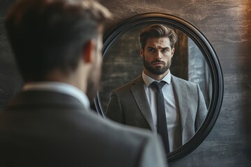 Self confidence or self esteem believe in yourself, positive attitude to success, ambition or determination to achieve goals, businessman looking at his strong ideal self superhero reflection, Generat
