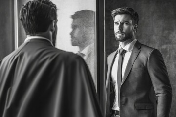 Self confidence or self esteem believe in yourself, positive attitude to success, ambition or determination to achieve goals, businessman looking at his strong ideal self superhero reflection, Generat