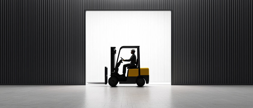 recommend clip art: A silhouette of a forklift operating in a brightly lit warehouse entrance, with vertical lines creating a modern backdrop.