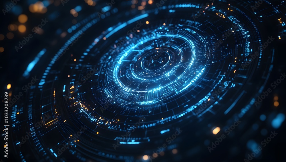 Poster abstract futuristic background with blue glowing circular elements and holographic technological pat