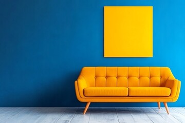 Yellow sofa against blue wall with matching yellow artwork