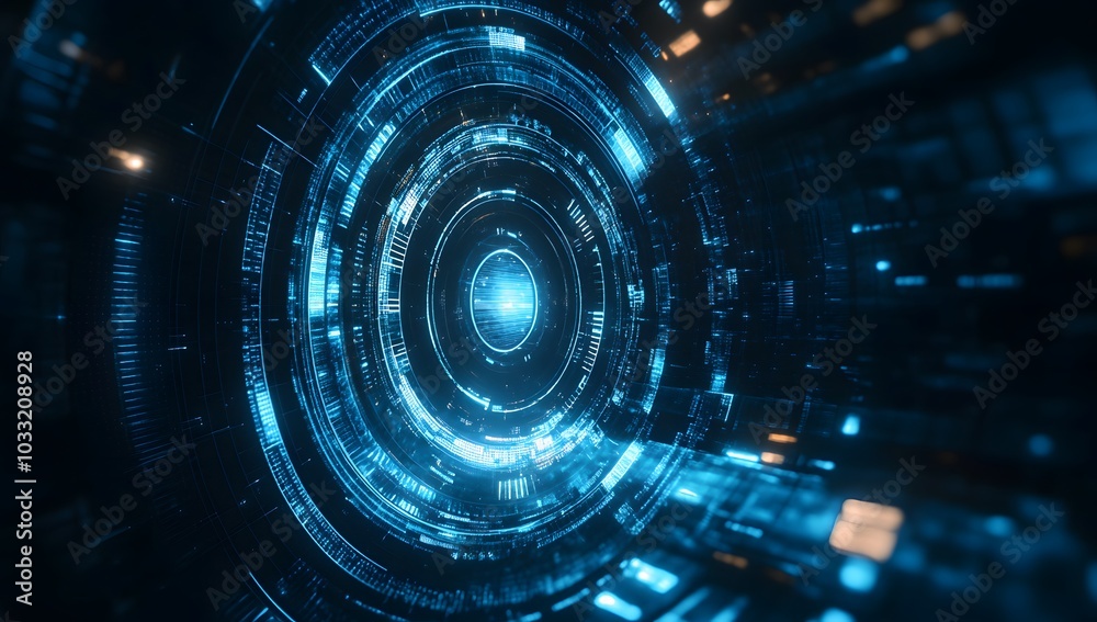 Poster abstract futuristic background with blue glowing circular elements and holographic technological pat