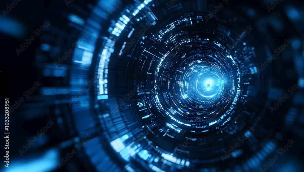 Poster abstract futuristic background with blue glowing circular elements and holographic technological pat