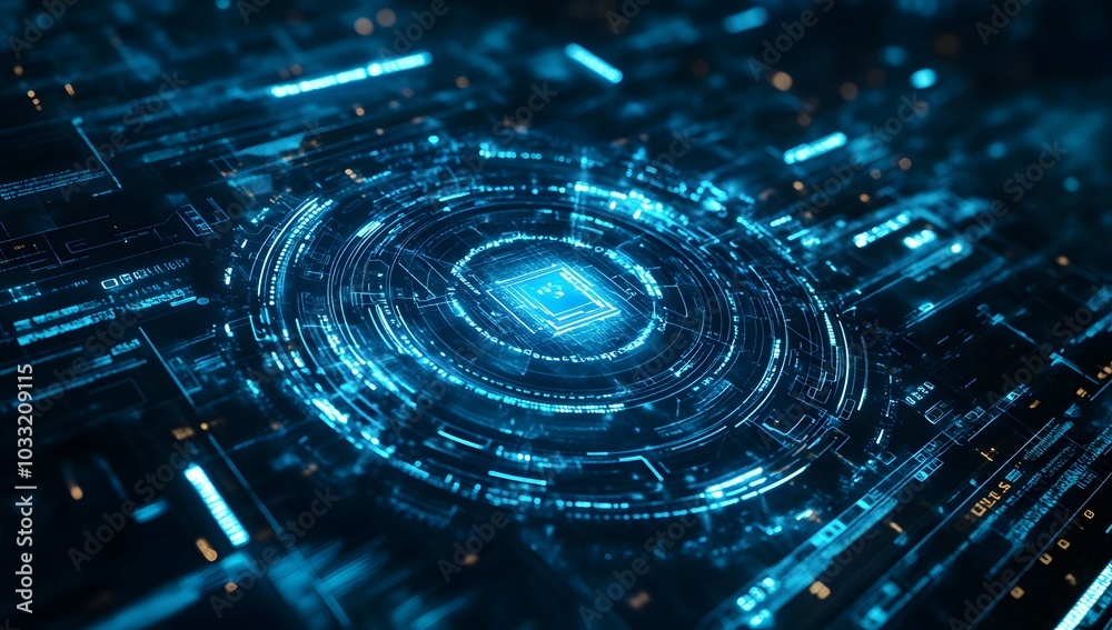 Poster abstract futuristic background with blue glowing circular elements and holographic technological pat