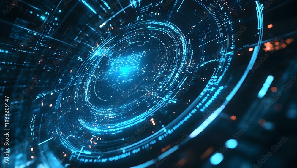 Poster abstract futuristic background with blue glowing circular elements and holographic technological pat