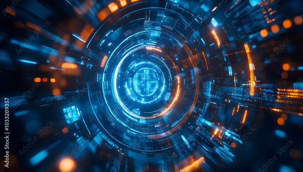 Poster abstract futuristic background with blue glowing circular elements and holographic technological pat
