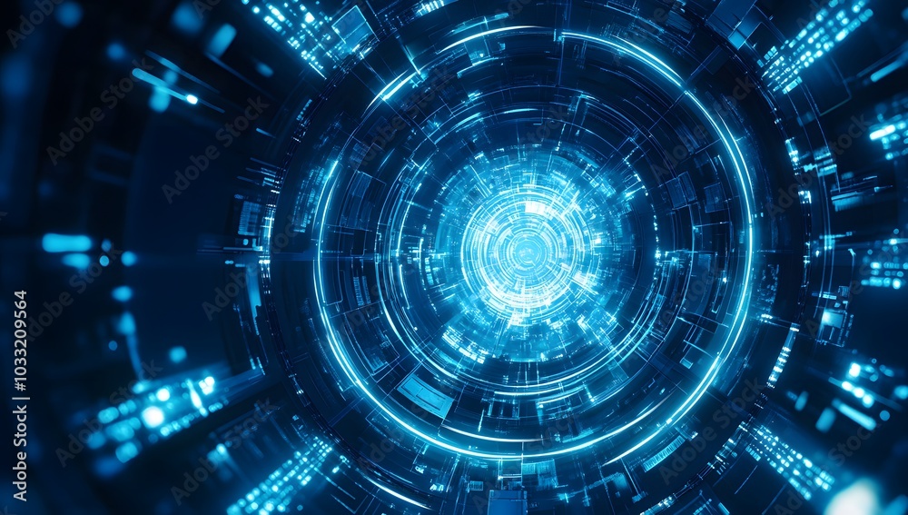 Poster abstract futuristic background with blue glowing circular elements and holographic technological pat